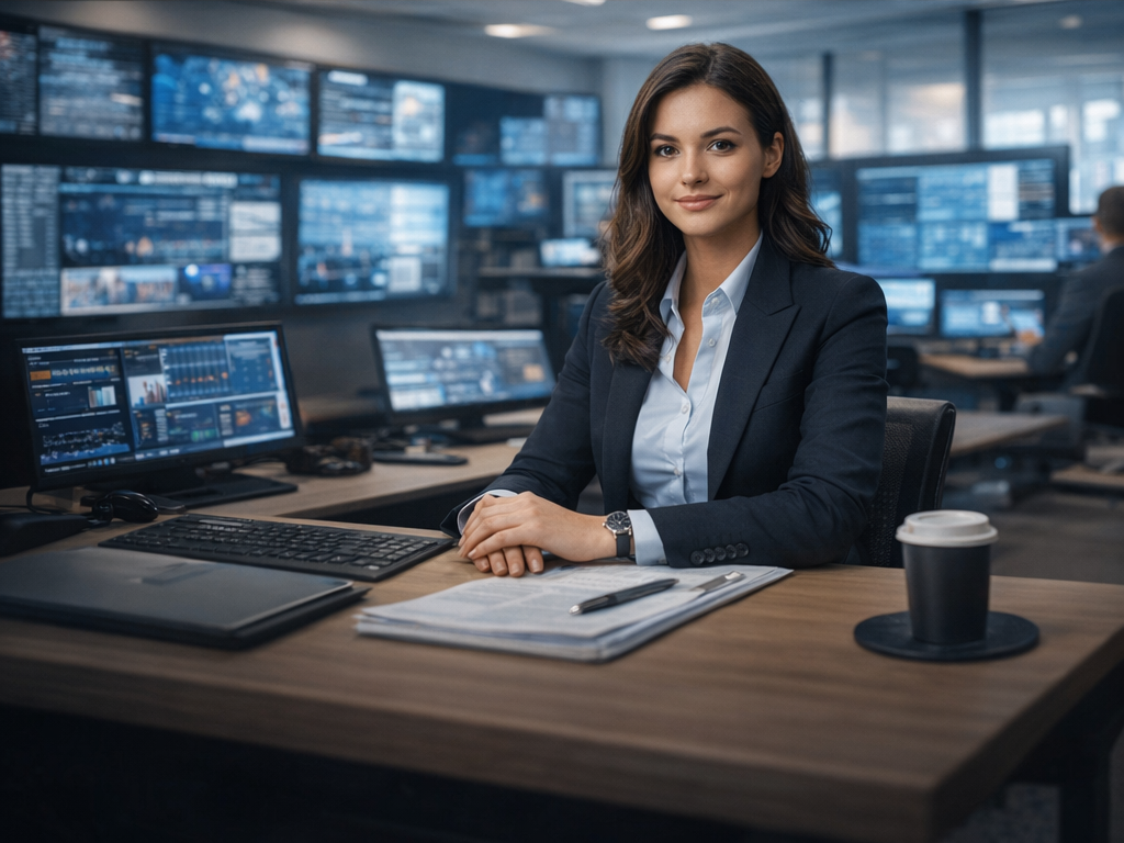 Moderner Newsroom mit Screens und junger Frau im Businessanzug